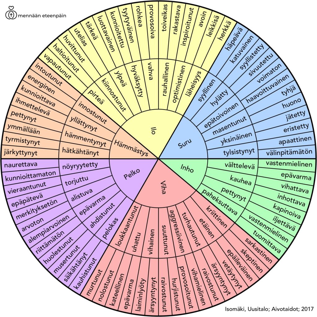 Tunneympyrä esittää erilaisia tunteita ja niiden keskinäisiä suhteita. Keskellä ovat perustunteet viha, suru, ilo, pelko, hämmästys ja inho. Ulommilla kehillä tunteet jakautuvat tarkempiin vivahteisiin. Esimerkiksi "viha" voi kehittyä suuttumukseksi, turhautumiseksi tai jopa aggressiivisuudeksi. Kaavio auttaa tunnistamaan ja sanoittamaan tunteita tarkemmin ja voi toimia hyödyllisenä työkaluna tunneälyn kehittämisessä ja vuorovaikutuksen parantamisessa.